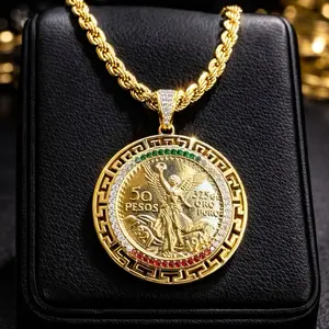 Mens 14K Gold Plated Mexican Flag 50 Pesos Centenario Pendant with 24in 6mm Rope Chain Unisex Fashion Jewelry for All Occasions