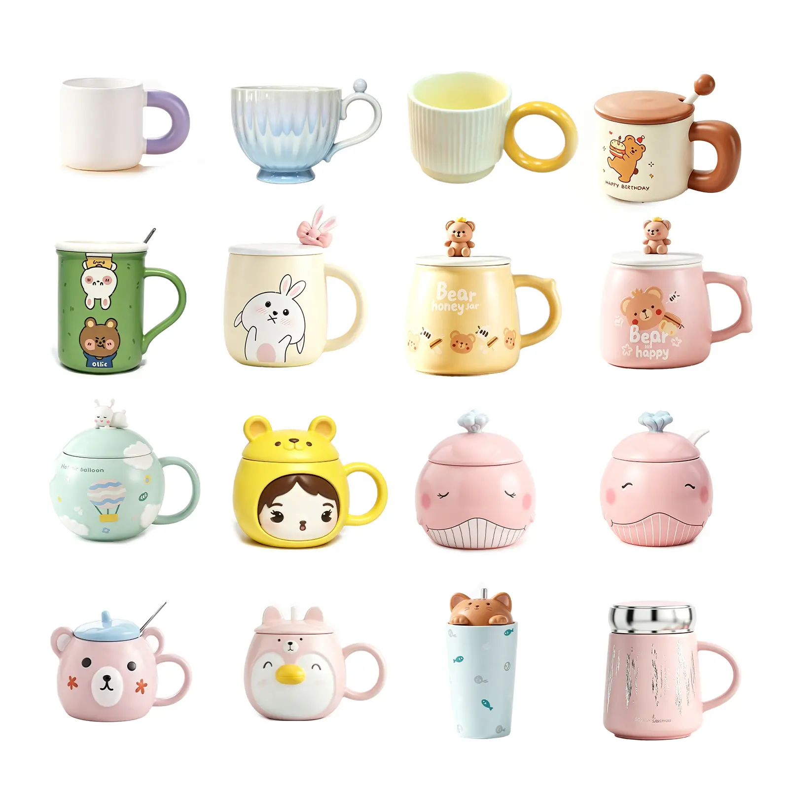 16pcs Ceramic Cup Multi-Style Collections,Embossed Mug,Bear Rabbit,Petal,Penguin,Planet,Gold Mirror Cup,Star Mug,Girl Mug,Rabbit Dream Ceramic Mug,Color Crash Mug，Cat Fish Mug,Whale Mug,Cream Mug,