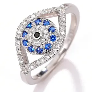 Cubic Zirconia Evil Eye & Angel Eye Ring, copper inlaid with blue and white zirconia, a trendy unisex ring, high-quality luxurious beaded ornament, fashionable good luck amulet, suitable for weddings, birthdays and anniversaries