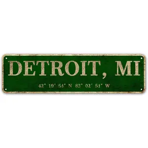 Detroit, MI City Sign Rustic Vintage Metal Art Wall Decor Office/Home/Classroom 4" x 16" Decorative Plaque
