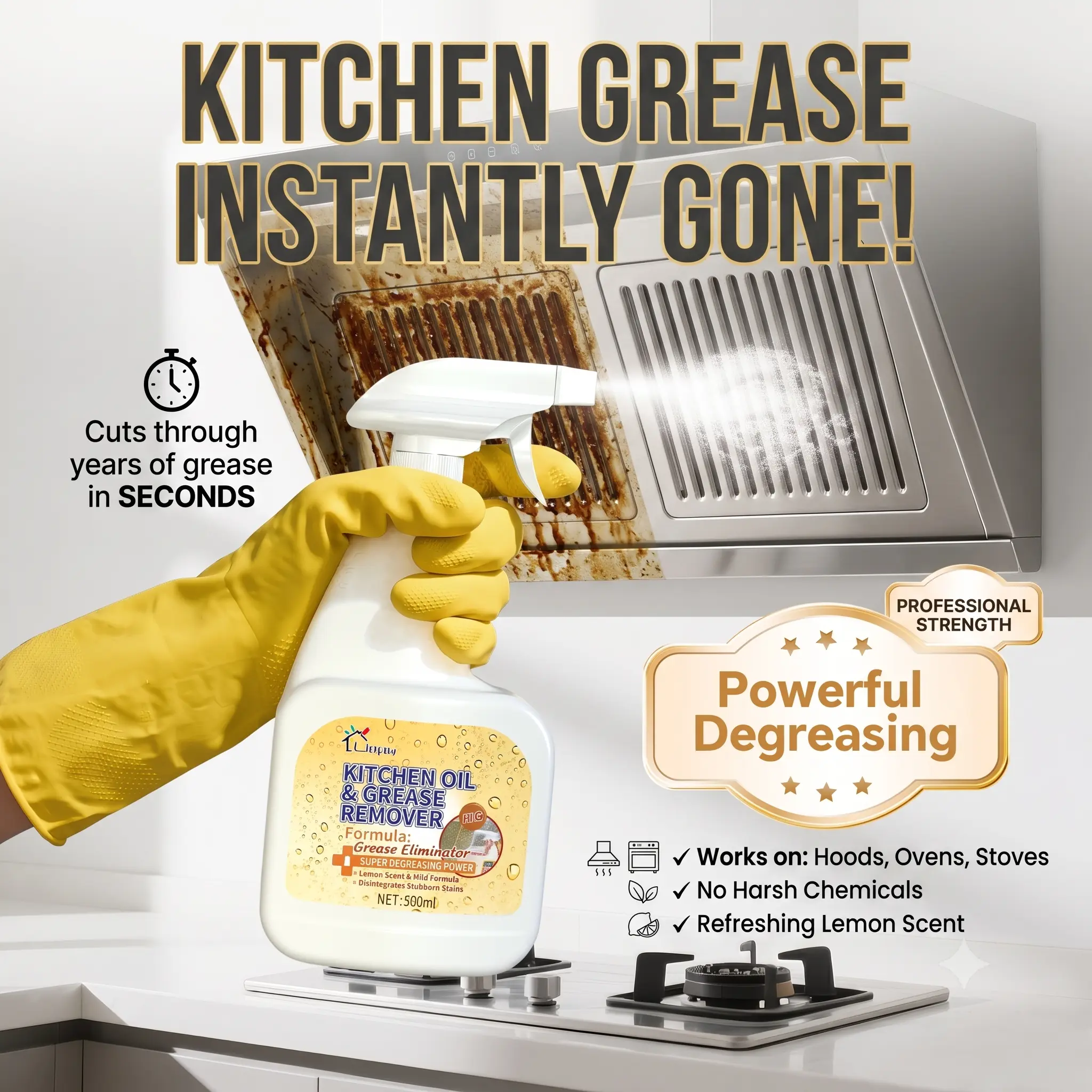 Heavy Duty Kitchen Degreaser Spray | Fast Acting Grease Remover for Stove, Oven & Hood | Liapu Foam Cleaner