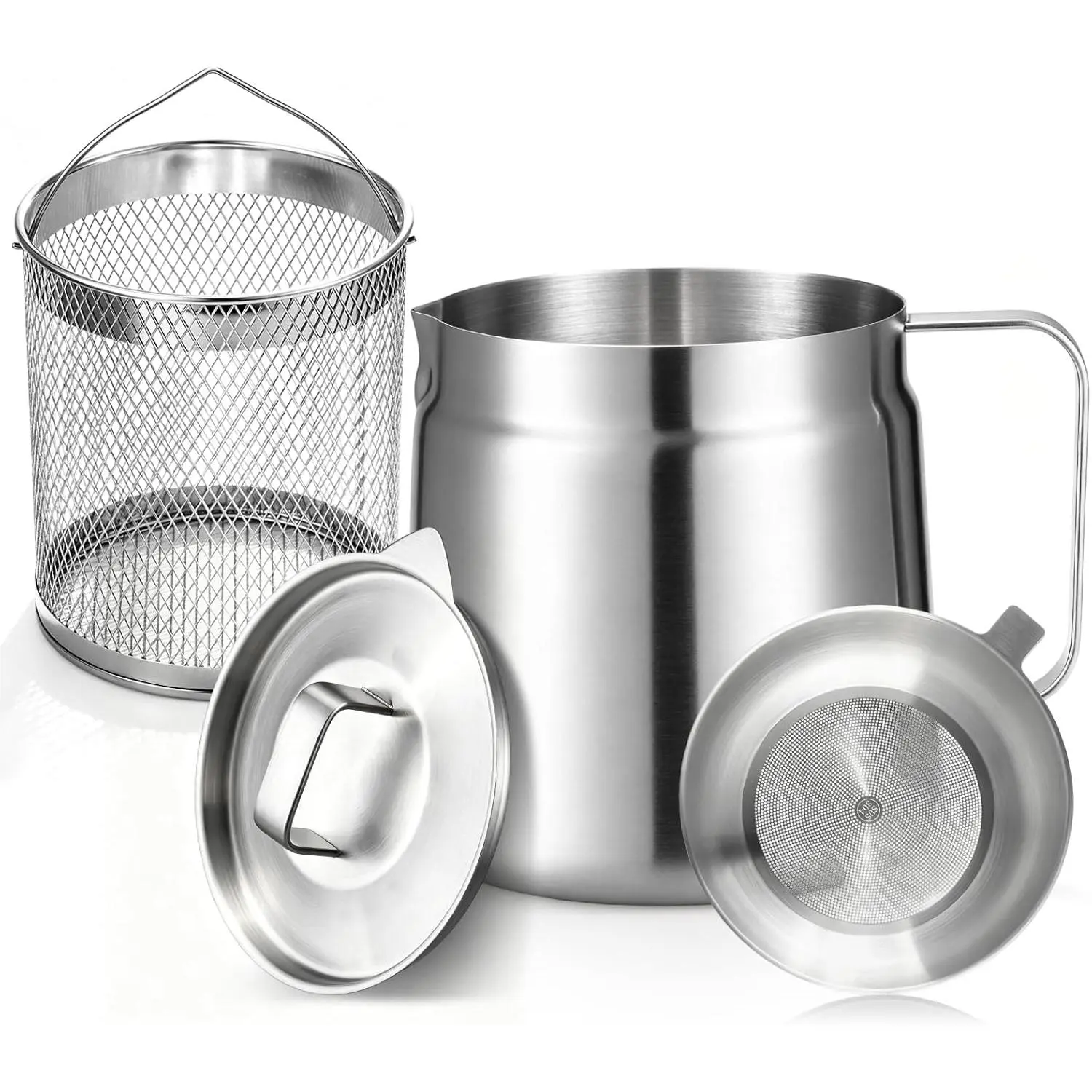 68oz Compact Portable Mini Deep Fryer Pot - 304 Stainless Steel, Frying Basket, Strainer, Synthetic Round Mesh Multi-Use Bacon Container, Lightweight for Camping, Campfire/BBQ Party, Dishwasher Safe
