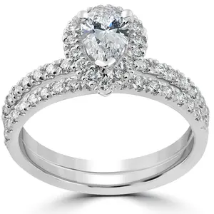 1 1/10ct Pear Halo Diamond Engagement Wedding Ring Set 14k White Gold Lab Grown