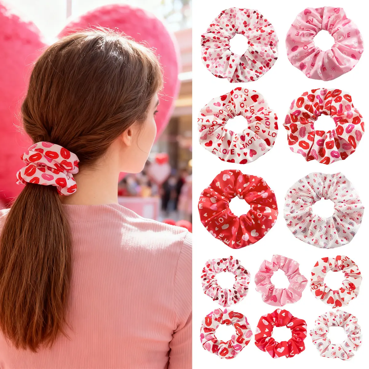12 pcs Valentine’s Day Satin Hair Scrunchies Set for Women & Girls | Cute Heart Lip Print Ponytail Holder | Soft Silk Hair Tie for Thick Hair, Y2K Coquette Hair Accessories, Pink Red Romantic Gifts