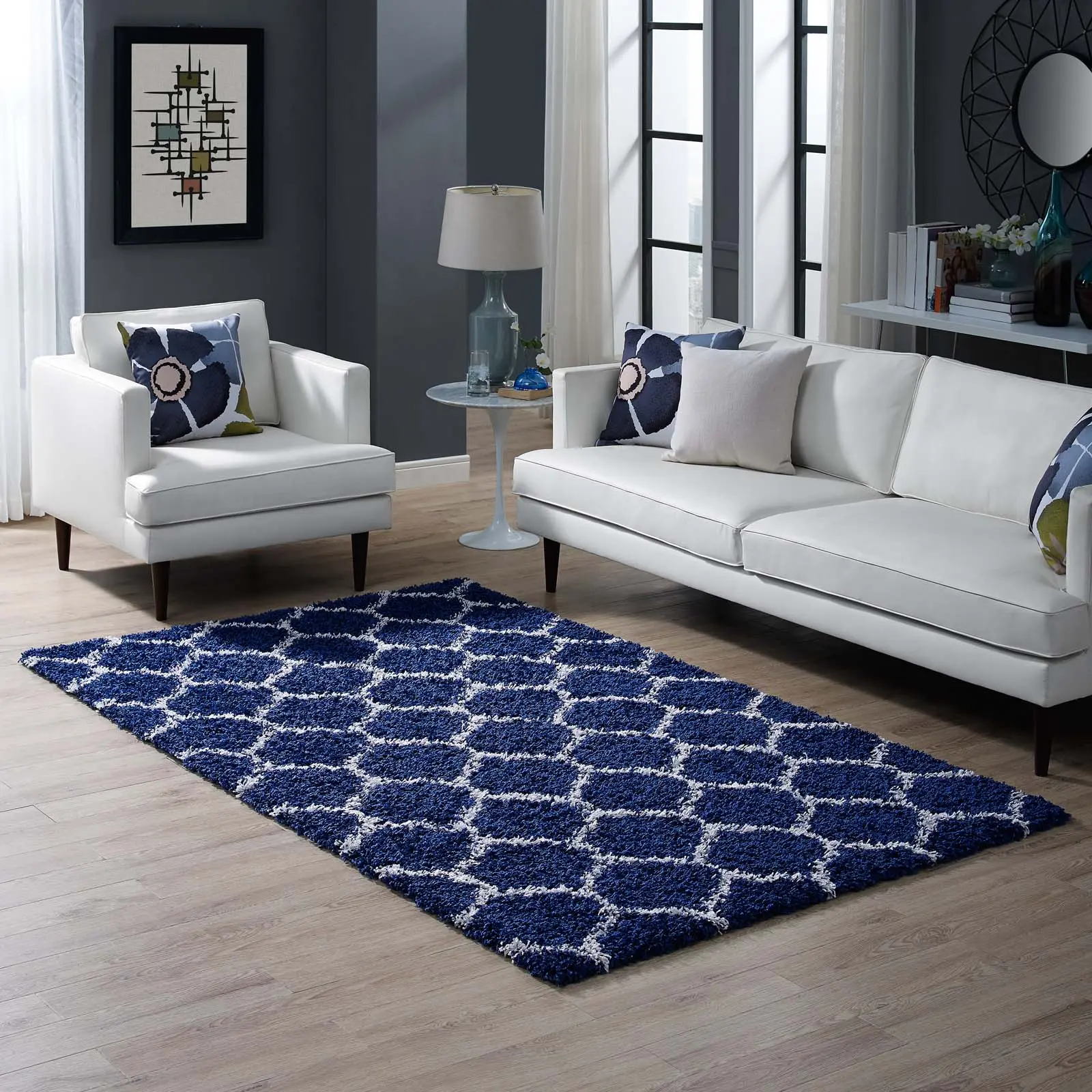 Modway Solvea Moroccan Trellis 5x8 High Pile Shag Area Rug, Navy and Ivory Polypropylene Machine Woven Rug for Living Room Decor, Home Interiors, Moroccan Motif