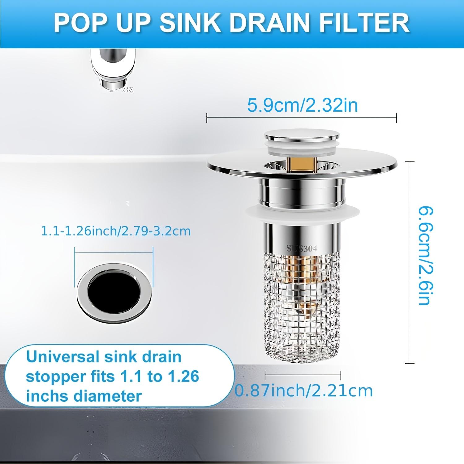 Two Sink Plugs for Bathrooms, a Pop-Up Drain Filter, a Sink Drain Filter Plug, And a Universal Drain Filter Plug with a Spring Core for Push Conversion. Size: 1.1 to 1.45 Inches, in Silver Color Two Sink Plugs for Bathrooms, a Pop-Up Drain Filter, a Sink Drain Filter Plug, And a Universal Drain Filter Plug with a Spring Core for Push Conversion. Size: 1.1 to 1.45 Inches, in Silver Color