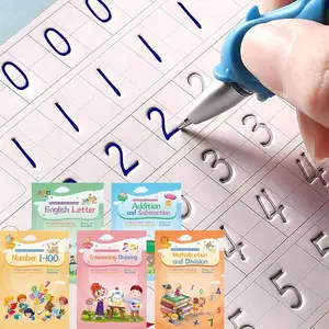 Magical Handwriting Workbooks Handwriting Practice Magic Copybook, Handwriting Aid Magic Pen Reusable Copybook Grooves Template Design for Children(4 Books, 10.2×7.2 in)