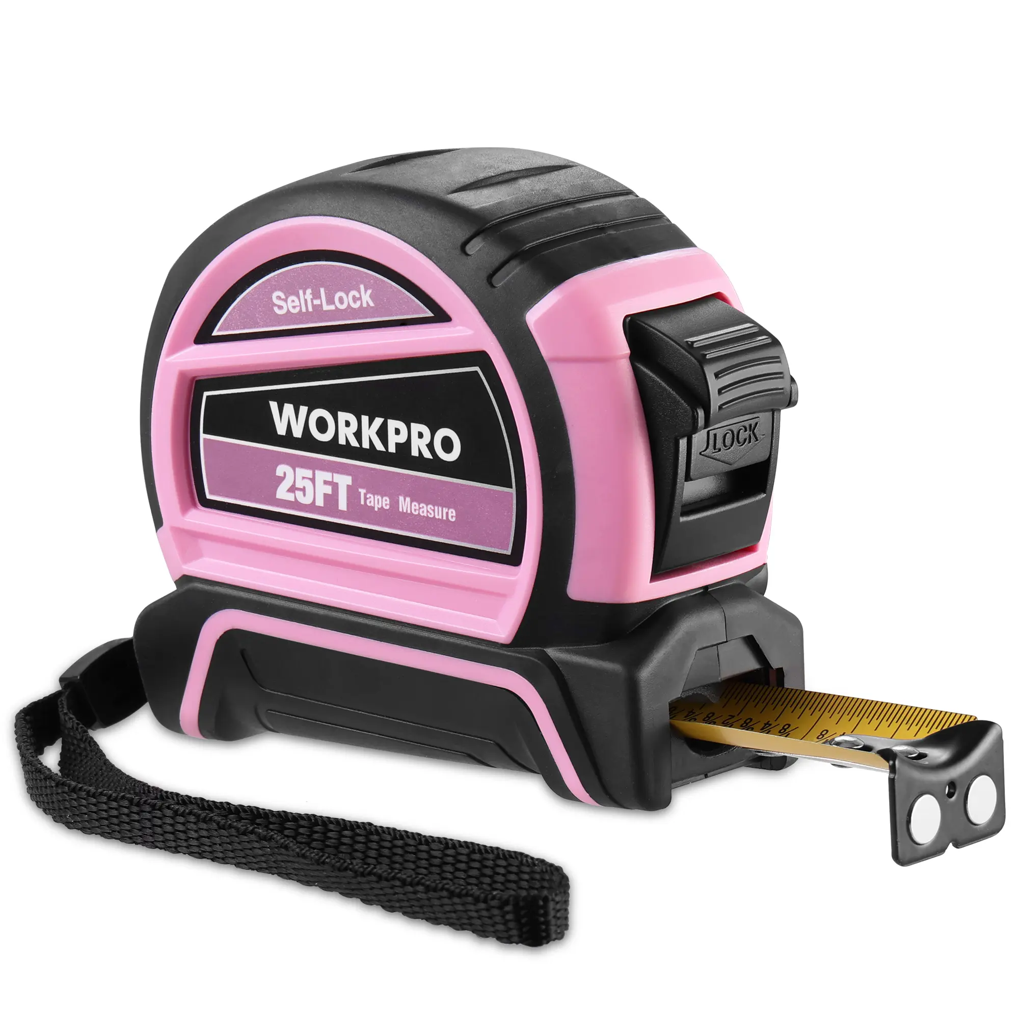#backtoschool WORKPRO 25FT Pink Tape Measure, Dual Lock Tape Measure with Fractions Every 1/8" and 1/32" Accuracy, Quick Read, Nylon Coated with Magnetic Hook, Shock-Resistant Case and Belt Clip - Pink Ribbon