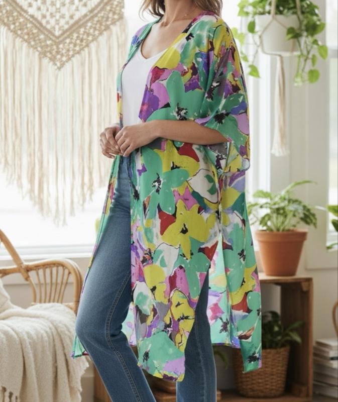 Boho Kimono Festival Hippie Duster Umgee Boutique - Colorful Floral Print Long Kimono for Women M/L