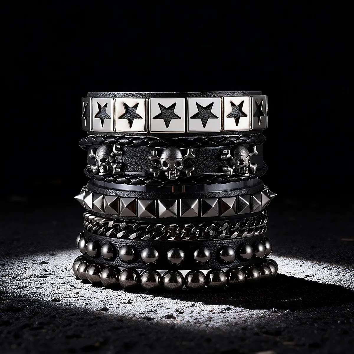 Leather Cuff Bracelet 4-Piece Set, Punk Gothic Studded Spike Bangles for Men & Women, Emo Accessories for Rockers, Unisex, Set Of Four