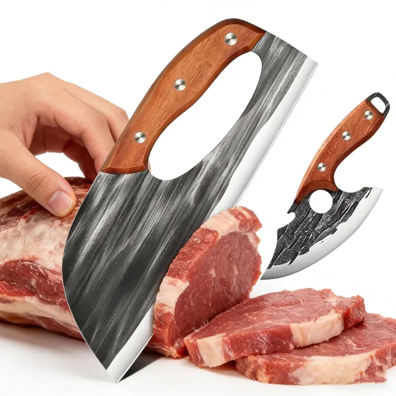 2Pcs Super Sharp Kitchen Knife Set, AWEE Hand Forged High Carbon Viking Butcher Cleaver & Chef Slicing Knife with Wood Handle, Full Tang Knives for Household Cooking, Meat Cutting, Outdoor BBQ & Camping, Best Gift For he/her Block Wooden
