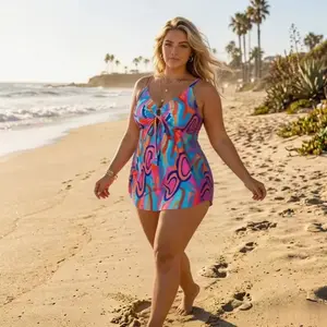 Women's Plus Size Skirted Tummy Control Tankini Set - Retro Swirl, Flowy Swim Dress for Beach, Pool Vacations swimsuit women, Tankini Swimsuits Set, Plus Size Swimsuits