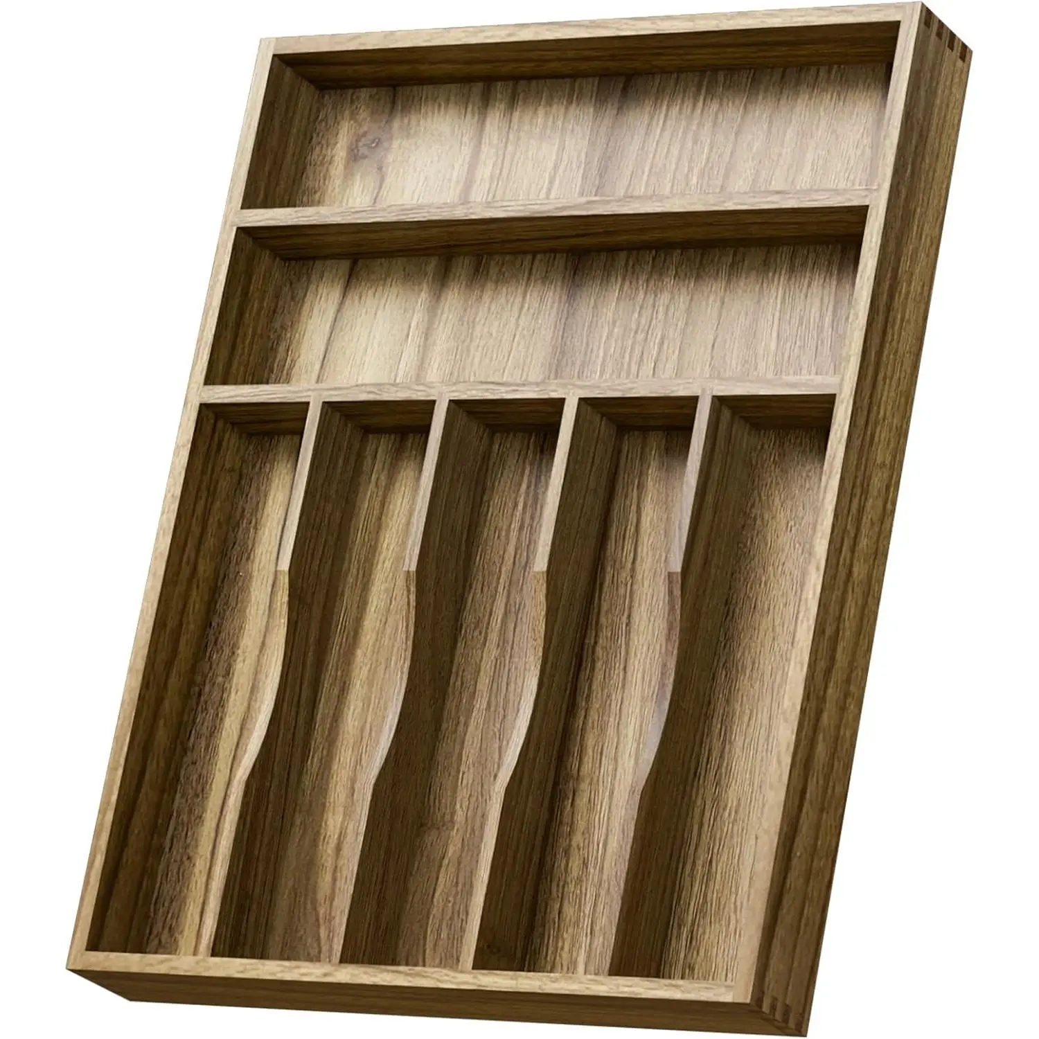 Silverware Drawer Organizer,Acacia Wood Kitchen Utensil Cutlery Drawer Organizer with Grooved Dividers, Flatware Organizer Silverware Tray Holder for Spoon, Fork, 13''x16.9'' (7 Slots)