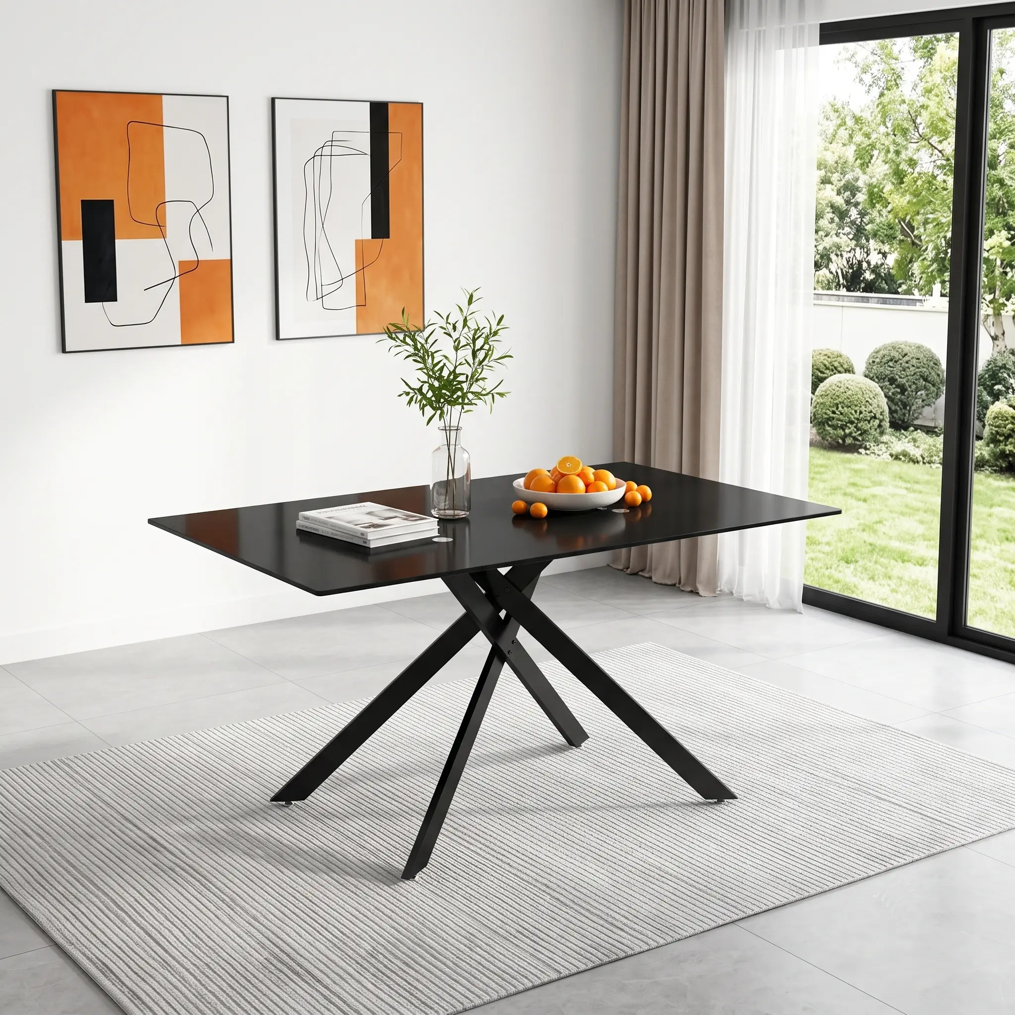 Rectangular Black Tempered Glass Dining Table, Indoor Furniture for Restaurant, Dining Room Use