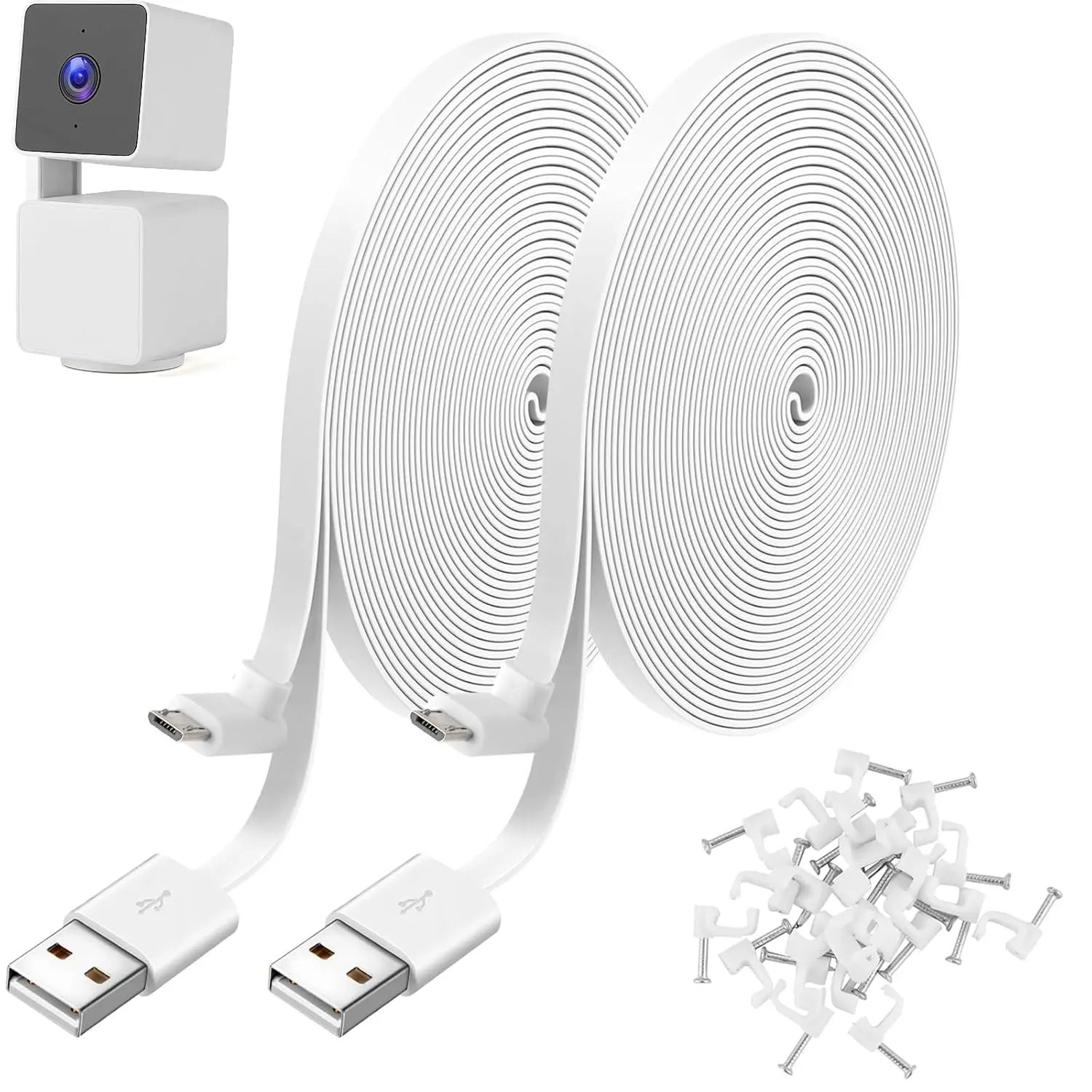 2 Pack 25FT Power Extension Cable Compatible with WYZE Cam Pan V3, USB to 90 Degree Micro USB Extension Charging Cable for WYZE Cam Pan V3,L-Shaped Flat Power Cord (White)