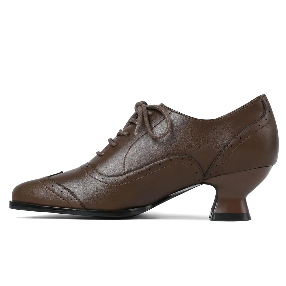 EROCALLI Womens Vintage Oxford Shoes with Kitten Heel Lace Up Wingtip Brogue Pointed Toe Low Flared Heel Dress Work Shoes Womens Genuine Leather Kitten Heel Oxfords Comfortable Lace Up Dress Shoes for Office Business Casual