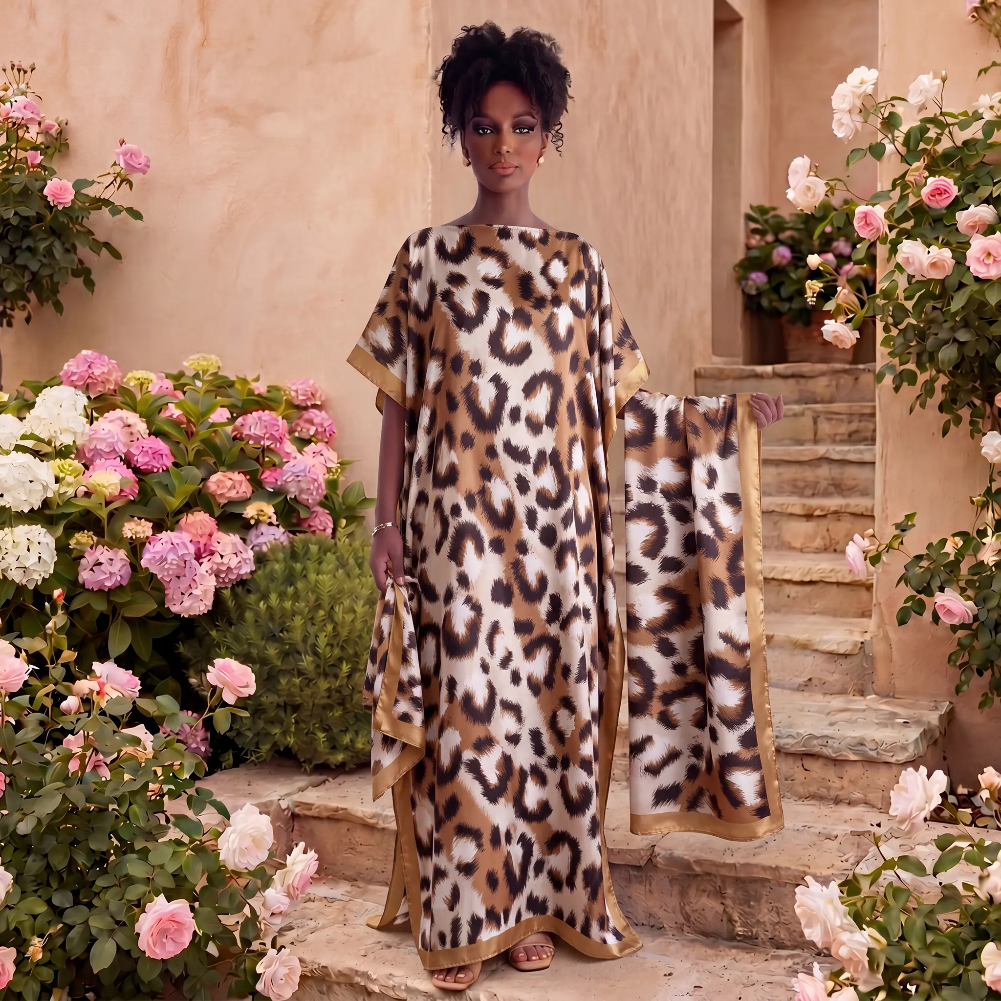 Women's Moo Moo Kaftan & Matching Hijab Set - Classic Cream Brown Leopard Print Glossy Satin, Silky Loose Side Split Boat Neck Short Sleeve Maxi Dress, Modest Wedding Guest/Anniversary Outfit for All Seasons, Wedding Guest Outfits, Beach, Women's Fashion,