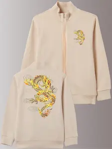 Chinese Dragon Print Jacket, Zipper Stand Collar Long Sleeve Coat, Casual Fitted Kint Fabric, Fall & Winter Fashion Outerwear