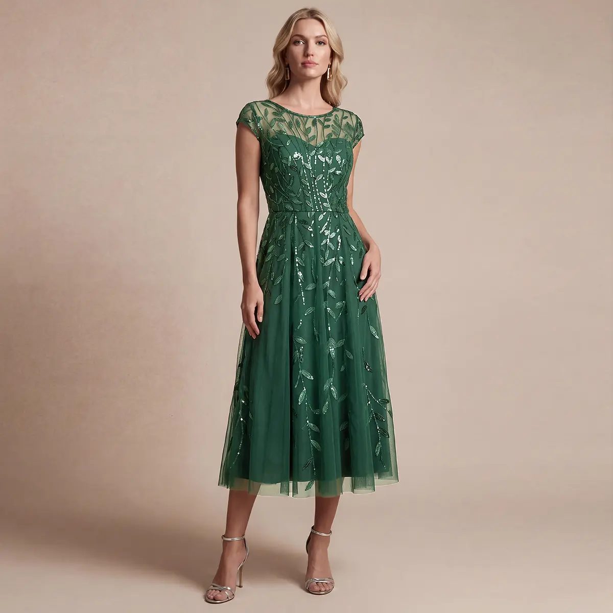 EVER PRETTY Women's Chic Sequin Bridesmaid Dress - Tea-Length Elegant Classic Retro Modest Sweet Formal Cocktail Gown with Scoop Neck, Cap Sleeves, Glitter, Elegant Dresses, Bridesmaid Gifts EG02778, Zipper, Pleated