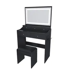 Vanity Desk Set with LED Lighted Mirror & Power Outlet, Makeup Vanity Table,Dressing Table for Bedroom,Black