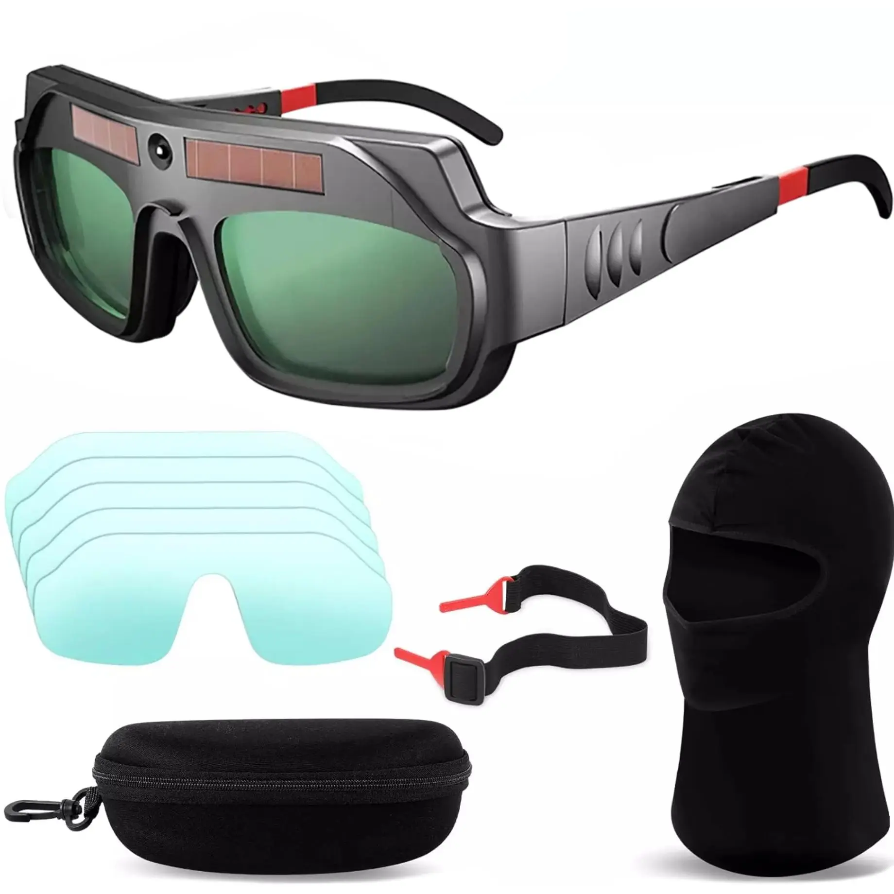 Solar Powered Auto Darkening Welding Glasses Full Kit with Adjustable Band, Shades 4-6/9-13, Replacement Lenses & Welding Mask for TIG/MIG/Arc Plasma Cut