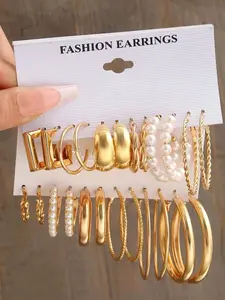 12 Pairs Faux Pearl Decorated Hoop Earrings, Elegant Geometric & Twist Design Earrings for Girls Gift, Female Classic Fashion Accessories for Daily Wear, Fashionable Jewelry