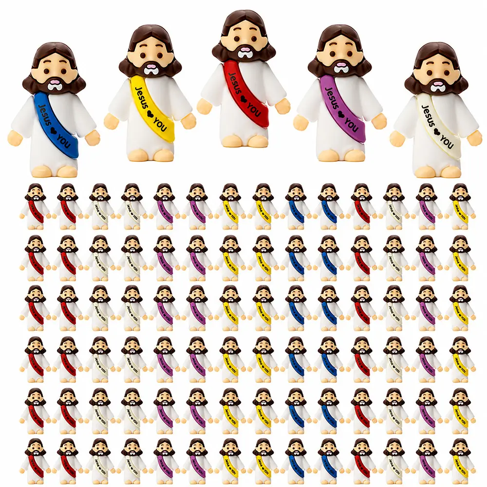 Colorful Bulk Packs Cute Cartoon Mini Jesus Figurines - Multi-Size Rubber Religious Supplies, Spiritual Decor, Stylish Religious Decor - Christian Sunday School Easter Egg Fillers