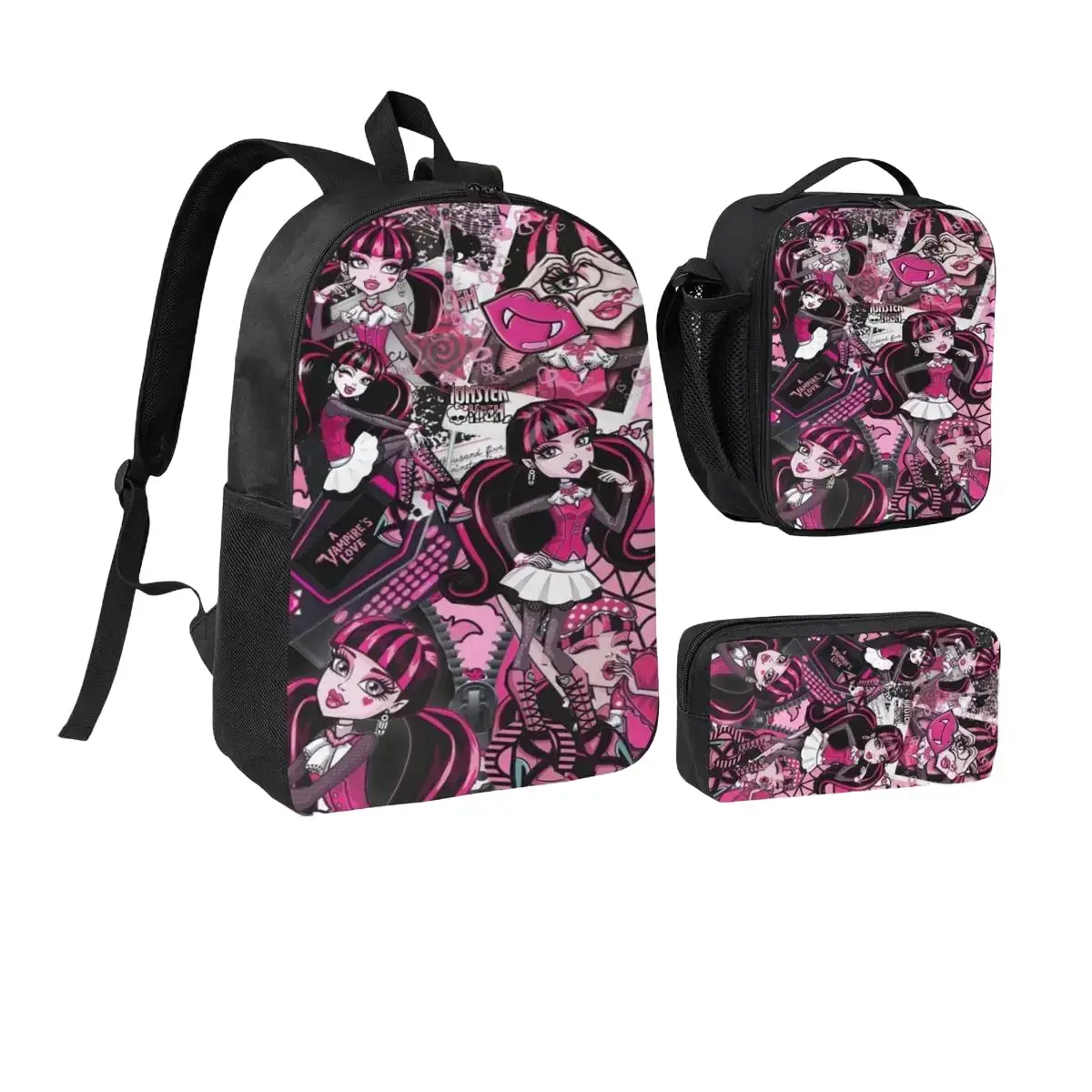 3pcs Monster High Doll Print School Backpack Set Unisex, Lightweight Laptop Rucksack with Insulated Lunch Tote & Pencil Pouch, Spacious Student Bookbag for Middle High School, Perfect Birthday Present for Sisters, Besties & Family Members