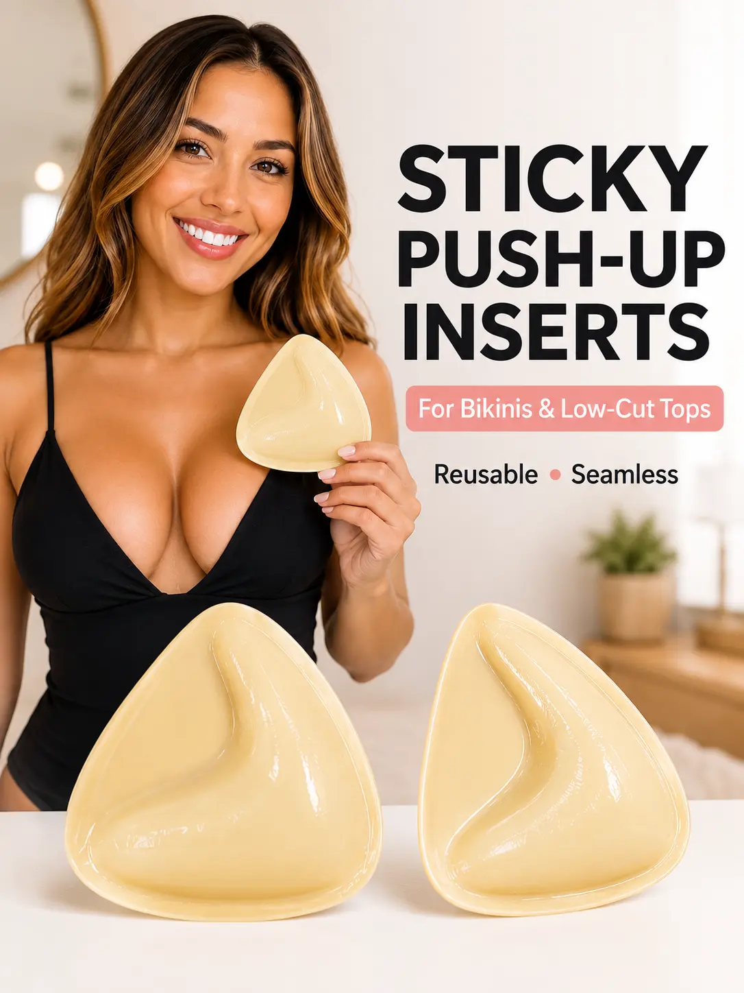 Triangle Sticky Push Up Bra Pads for Women, Double Sided Adhesive Silicone Bra Inserts,Waterproof Reusable No Show Lift Cups, Strong Hold Invisible Bra Pads for Bikinis, Backless Dresses, Strapless Tops and Swimwear