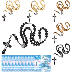 6-Piece Wooden Rosary Necklace Set Suitable for Men and Women Catholic Cross Necklace Religious Wooden Cross Prayer Beads Christian Gift Baptism Gift First Communion Gift