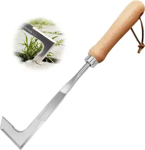 Crack Weeder Stainless Steel Crevice Weeding Tool L-Shaped Side-Walk Weed Puller Spatula with Serrated Tines & Beech Wood Handle for Sidewalk Paver Gaps