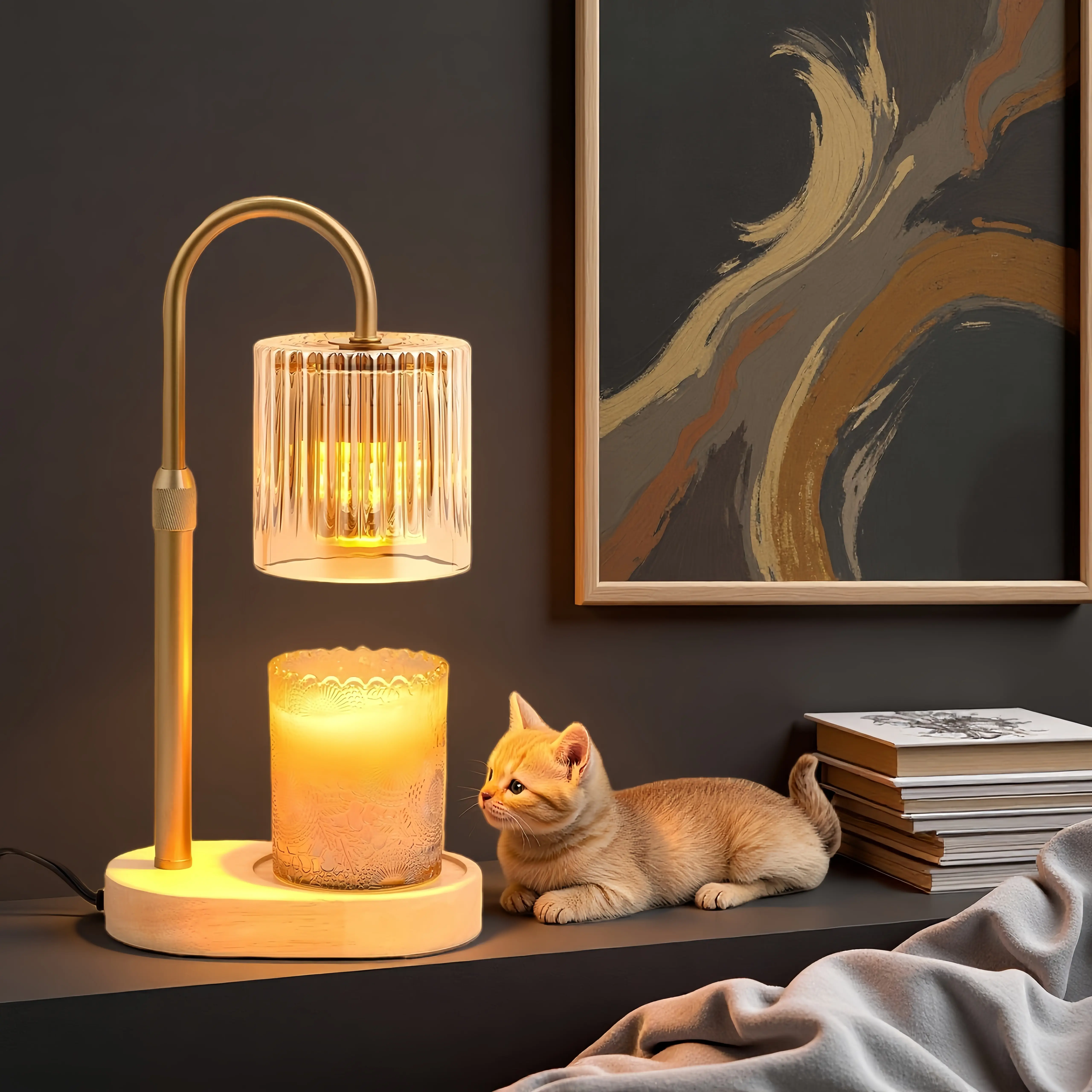 Cozy Metal Candle Warmer Lamp with Timer, Customizable Height Adjustment, Wooden Base & Non-slip Mat - Safe Flameless Decor Light for Scented Wax Cubes & Jar Candles, Home Accessories, Wedding Gift Decorative Adjustable Ornaments