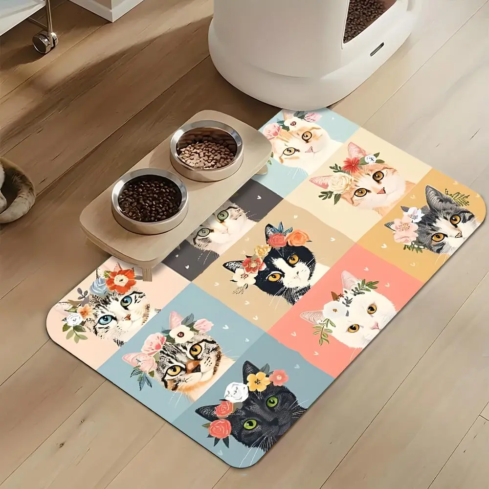 Flower Crown cat Colorful Grid Pet Feeding Mat, Absorbent, anti-slip and quick-drying soft carpet, multi-sized and easy-to-clean waterproof bowl mat, suitable for dogs and cats, stain-resistant, perfect for home use, ideal gift for pets