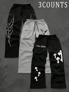 Trendy Street Style Drawstring Sweatpants Set, Printed Geometric Graphic Design, Casual Fashion, Comfortable Fitted Fit, Versatile for All Occasions, 3 Pack