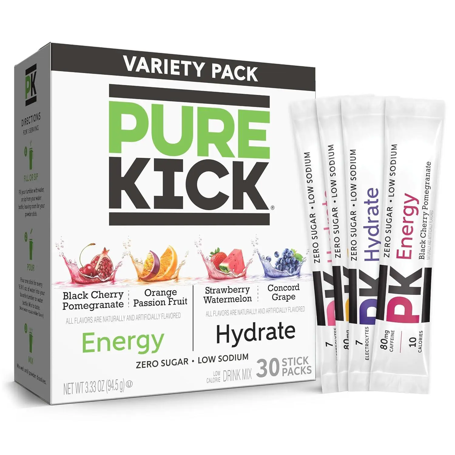 Pure Kick Hydration Variety Pack, Sugar-Free Electrolyte Drink Mix, Strawberry Watermelon, Citrus, Concord Grape & Arctic Wave, Zero Sugar, 5 Calories, 20 Single-Serve Sticks
