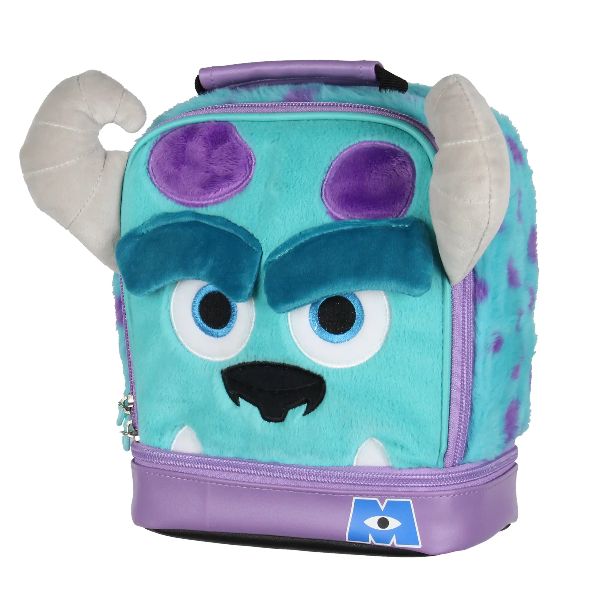 Disney Monsters Inc Sulley Lunch Bag – Plush Fuzzy 3D Horns Insulated Dual Compartment Lunch Box Tote 10", Cartoon Animal Face Lunch Bags, Sturdy Daily