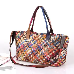 Genuine Leather Mega Crossbody Tote - Colorful Patchwork Striped Casual Characteristic Bag for Women, Adjustable Strap, Large Interior, Dry Clean Only-HDX3885