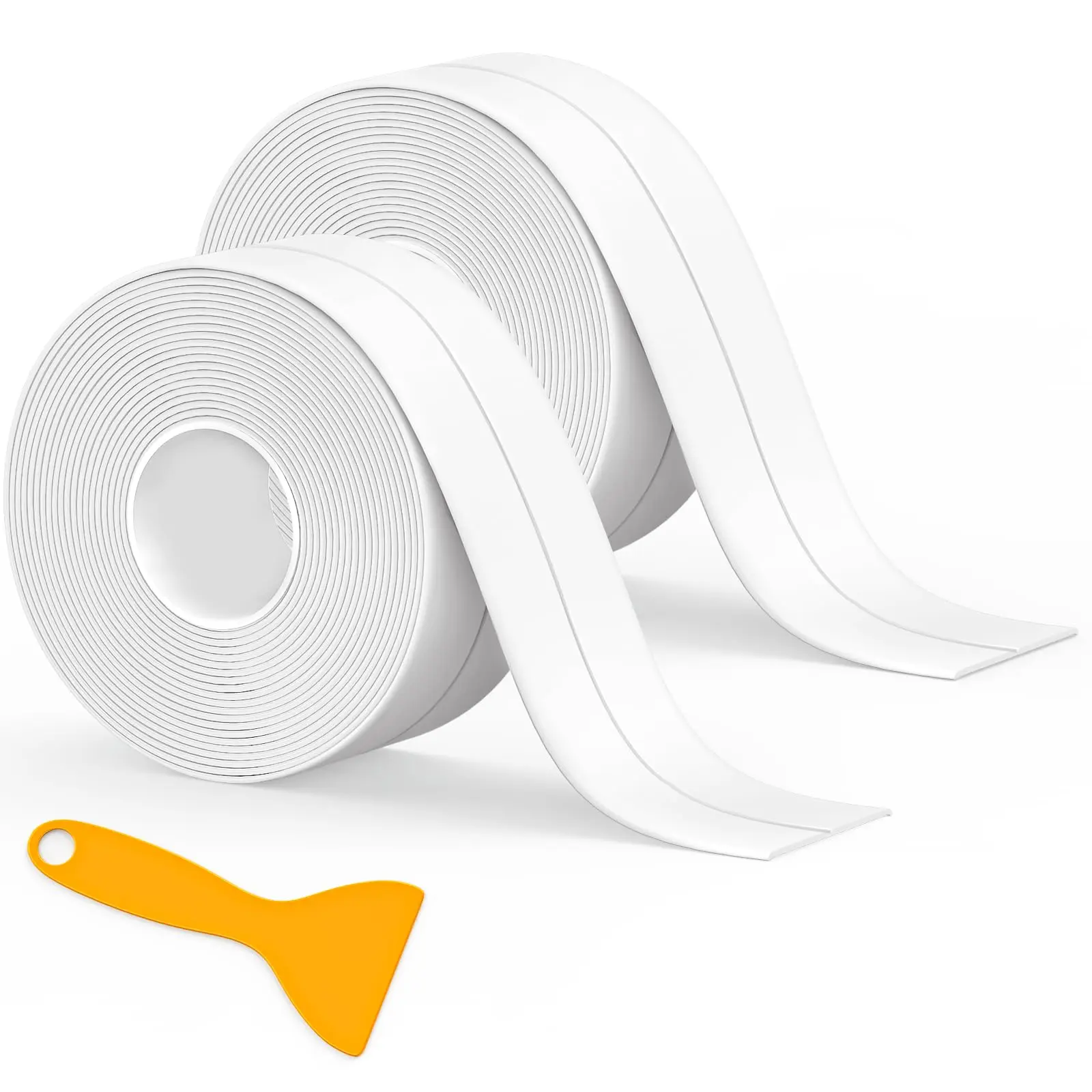 Self-Adhesive Anti-Mold PVC Caulk Strip Set (2 Rolls + Scraper Tool), 90-Degree Foldable Waterproof Oil-Proof Seal Tape for Kitchen Sink, Toilet, Bathroom Gap Sealing.