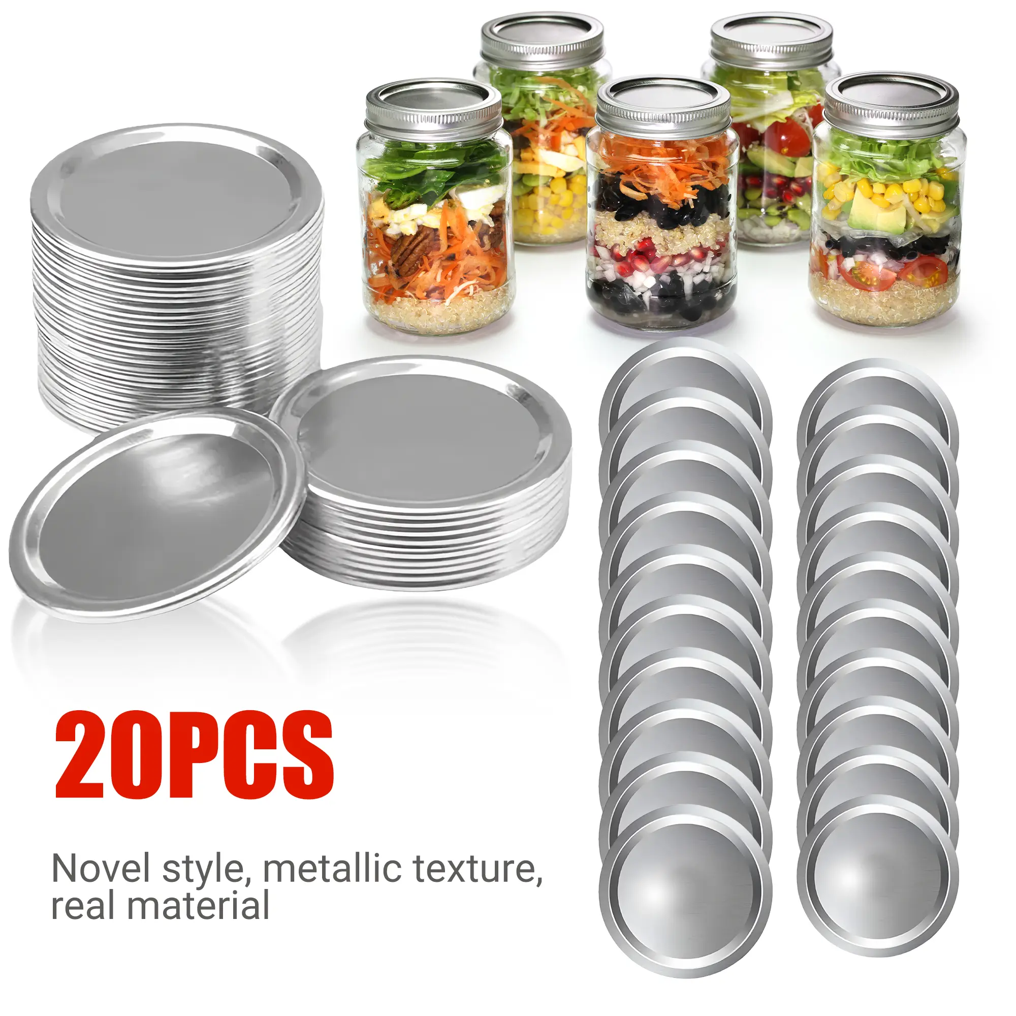 20PCS Mixed Mason Jar Lids Set - 2.8In & 3.4In Regular/Wide Mouth Airtight Food-Safe Caps, Leakproof Seal Canister Lids, Metallic Texture Kitchen Essentials for Canning & Storage