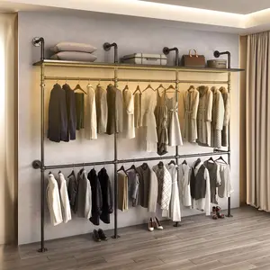LED Clothes Rack Industrial Closet Organizer, Heavy Duty Garment Rack with Shelves, Wall Mounted Wardrobe System, L Shape Clothing Rack for Bedroom Walk in Closet