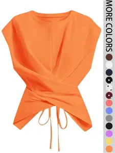 Women's Knitted Round Neck Drop Shoulder Sleeve T-Shirt, Fashion Casual Asymmetrical Criss CrossBack Tie Top, Spring & Fall Wear