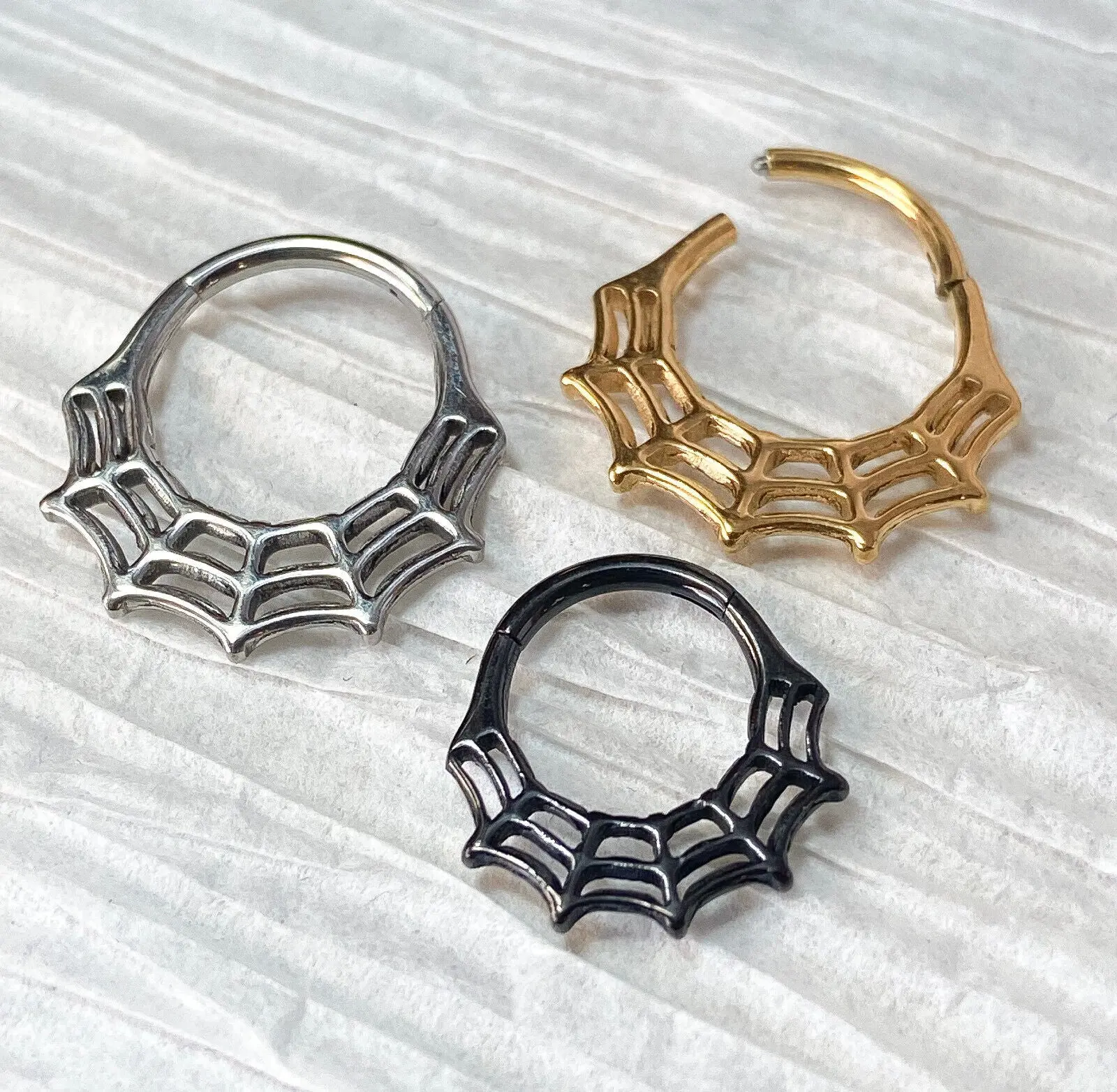 1pc Solid Titanium Spiderweb Design Hinged Segment Ring Hoop Septum Spider Web