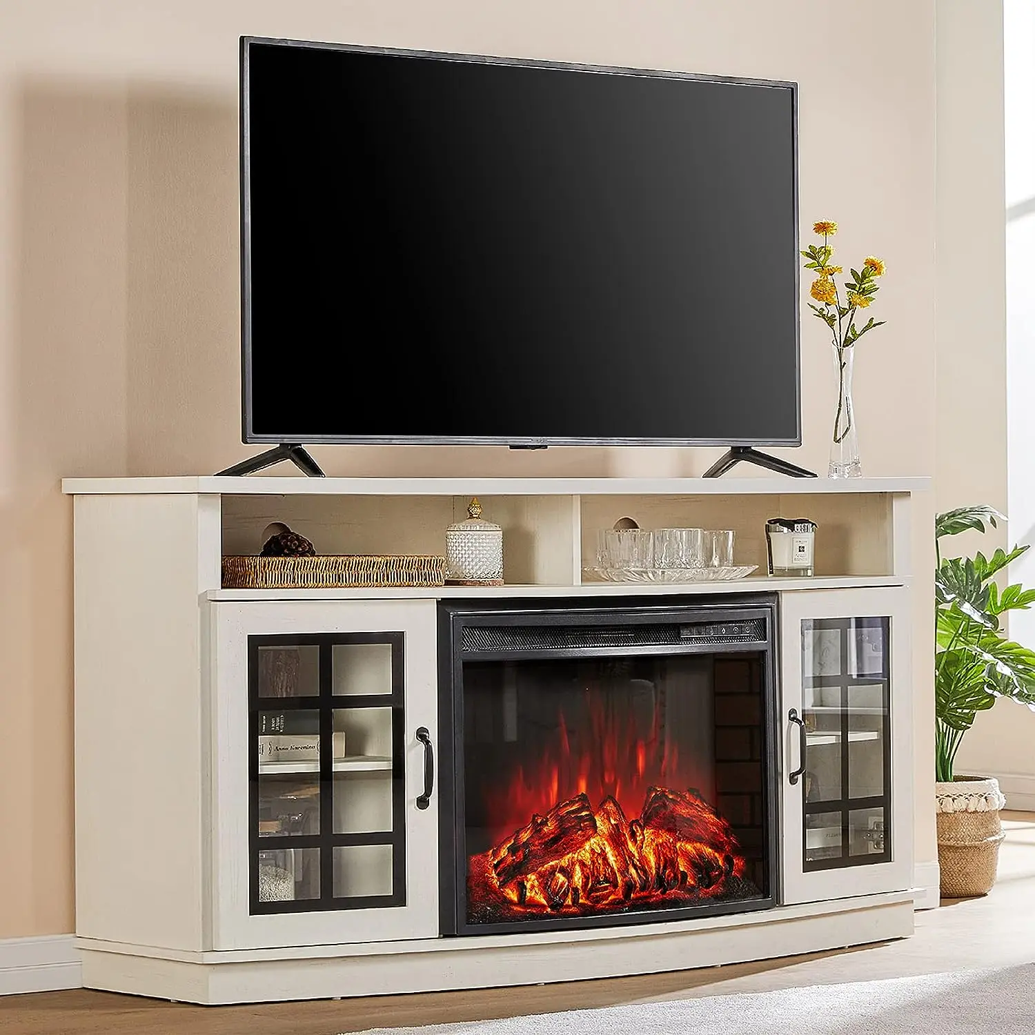 AMERLIFE Curved TV Cabinet with 26" Electric Fireplace for TVs up to 65", Media Fireplace TV Console Table with Storage Farmhouse Glass Door/Best Gift Ideas/Christmas Gifts