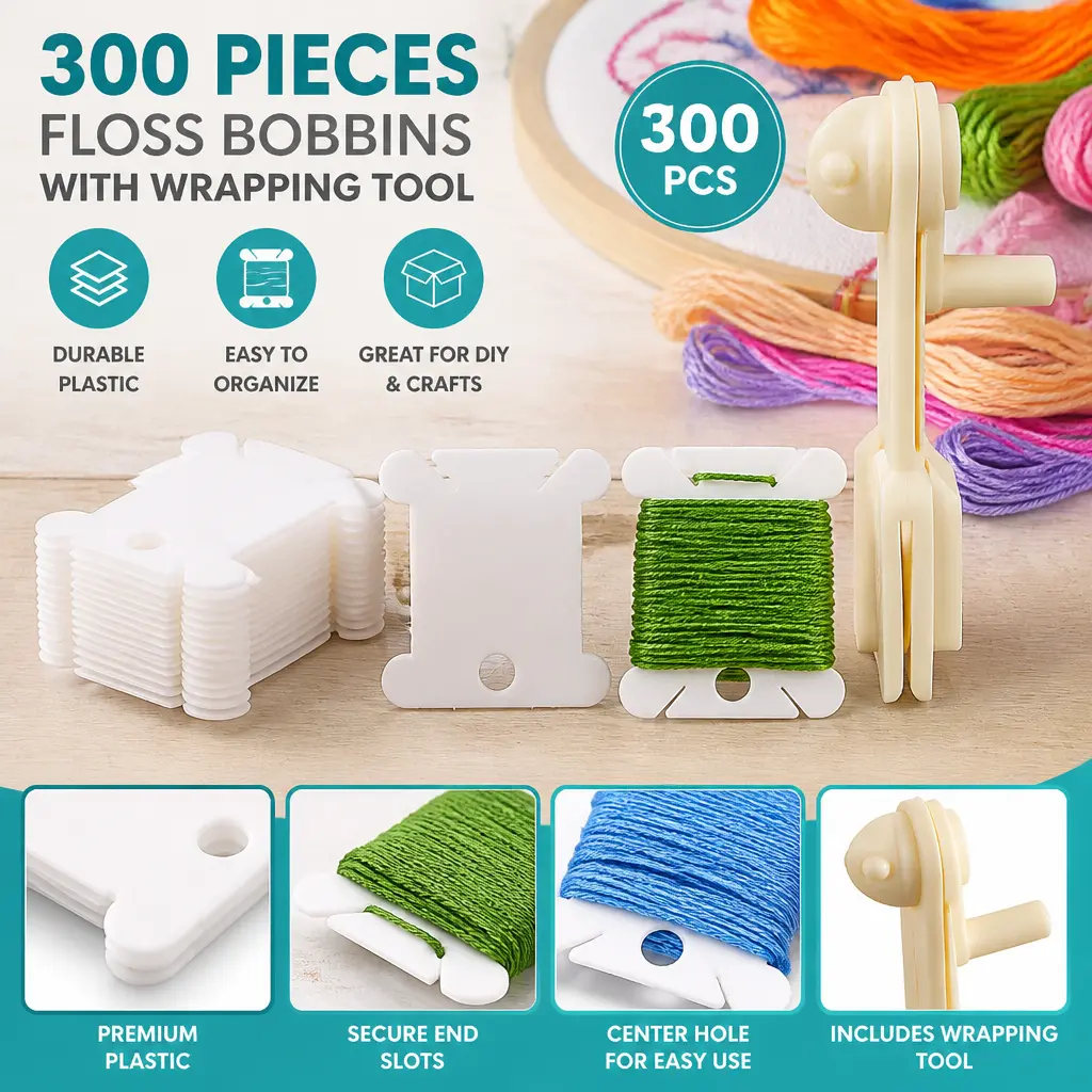 300-Piece Compact Plastic Floss Bobbins Set (1.5"x1.4") with Winder - Fast Thread Winding Tool for Embroidery, DIY Crafting, Cotton Thread Organization (Mid-Year Sale Deals)