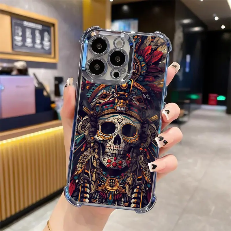 Premium Indian-inspired skull pattern Designed for iPhone 17/16/15/14/13/12/11 Pro Max Plus Electroplating luxury transparent four corner anti drop and shockproof Phone Case 140 face phone case Protector Screen Protector Protection Cover Casing Cellphone