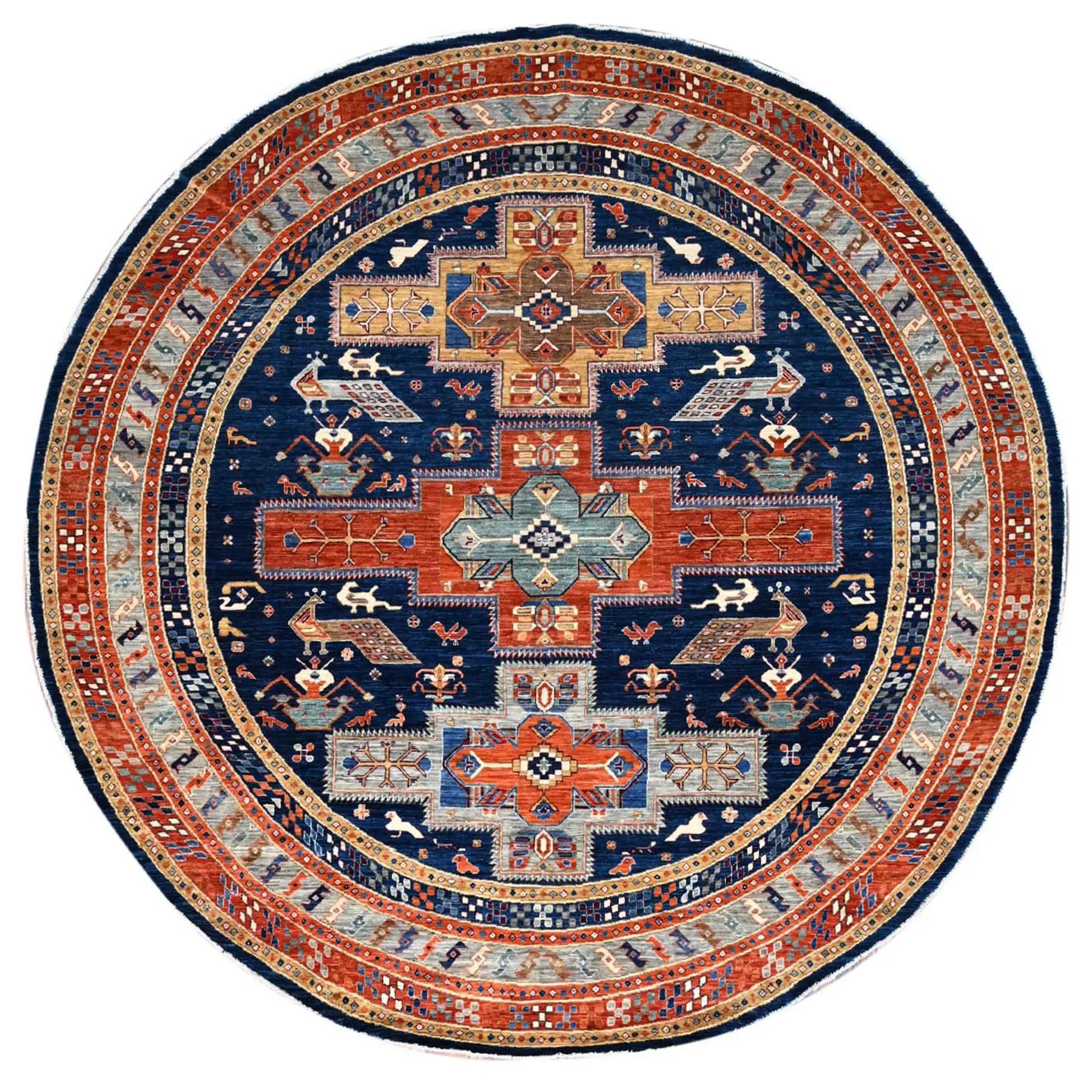 Indigo Batik Blue, Soft and Velvety Wool, Natural Dyes, Armenian Inspired Caucasian Design, 200 KPSI, Hand Knotted Round Oriental Rug (8'x8')