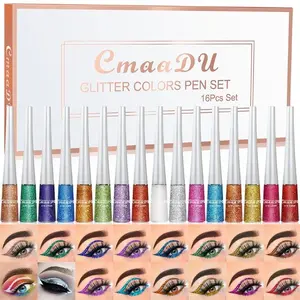 Cmaadu 16 Color Gold Glitter Eyeliner Liquid Set, Shimmer Eye Liner Brightening, Stage Makeup, Eyeshadow, Perfect for Parties