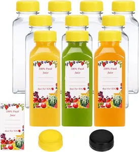 10pcs 12oz Rectangle Plastic Drink Bottles with Colorful Tamper-Evident Leak-Proof Black-Yellow Caps, Reusable Storage Containers for Juicing, Smoothie (Yellow) - Home Supplies Organizer Brush Included