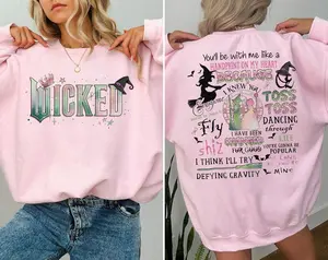 Wicked Movie Two-Sided Sweatshirt, Defy Gravity Broomstick Magic Wand Shirt, Pink and Green Witch Tee, Wizard Musical Fan Graphic Top Streetwear