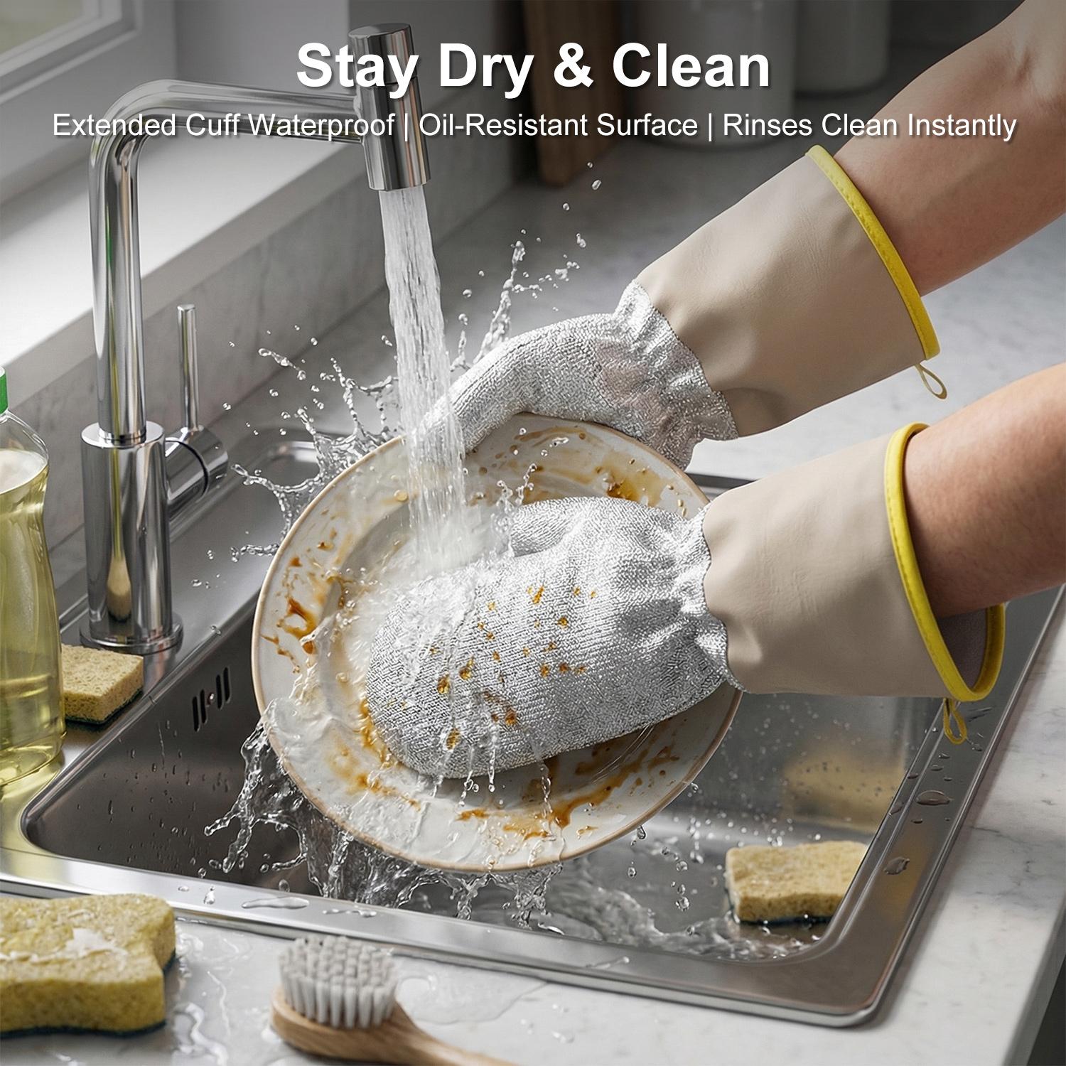 Non-scratch Wire Dishwashing Scrubber Gloves,Long Anti-scald Multi-functional Kitchen Cleaning Tool Gloves for Kitchen,Waterproof Anti-Frozen & Hot & Oil